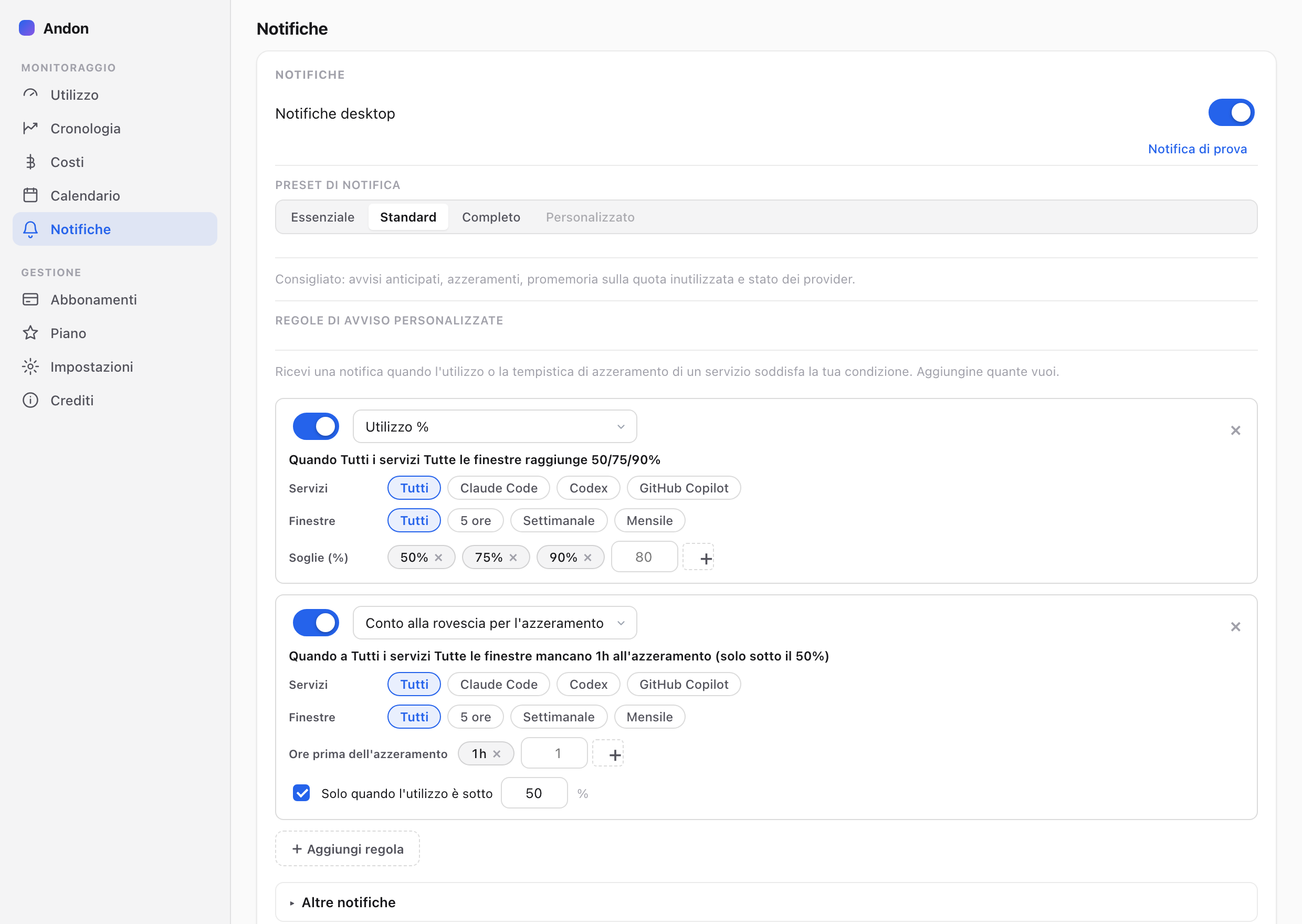 Andon; AI Limit Watcher — Notifiche