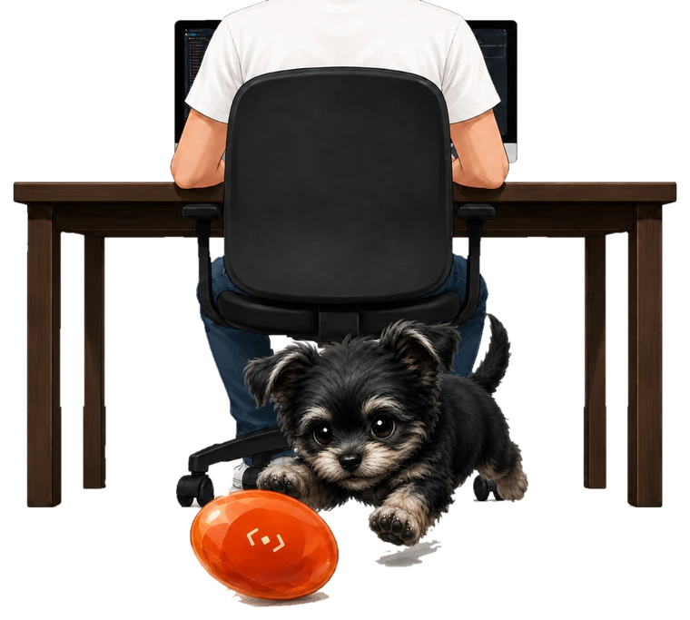 デスクで開発する kernelian と、足元でカーネリアン（紅玉髄）の宝石にじゃれる黒い子犬のイラスト